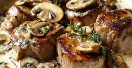 Médaillons de filet mignon nappés de sauce crémeuse aux champignons et herbes fraîches, servis chauds dans une assiette