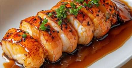 Queues de langouste laquées au miso et miel, nappées d’un glaçage brillant et garnies de sésame noir et ciboule fraîche, servies dans une assiette élégante