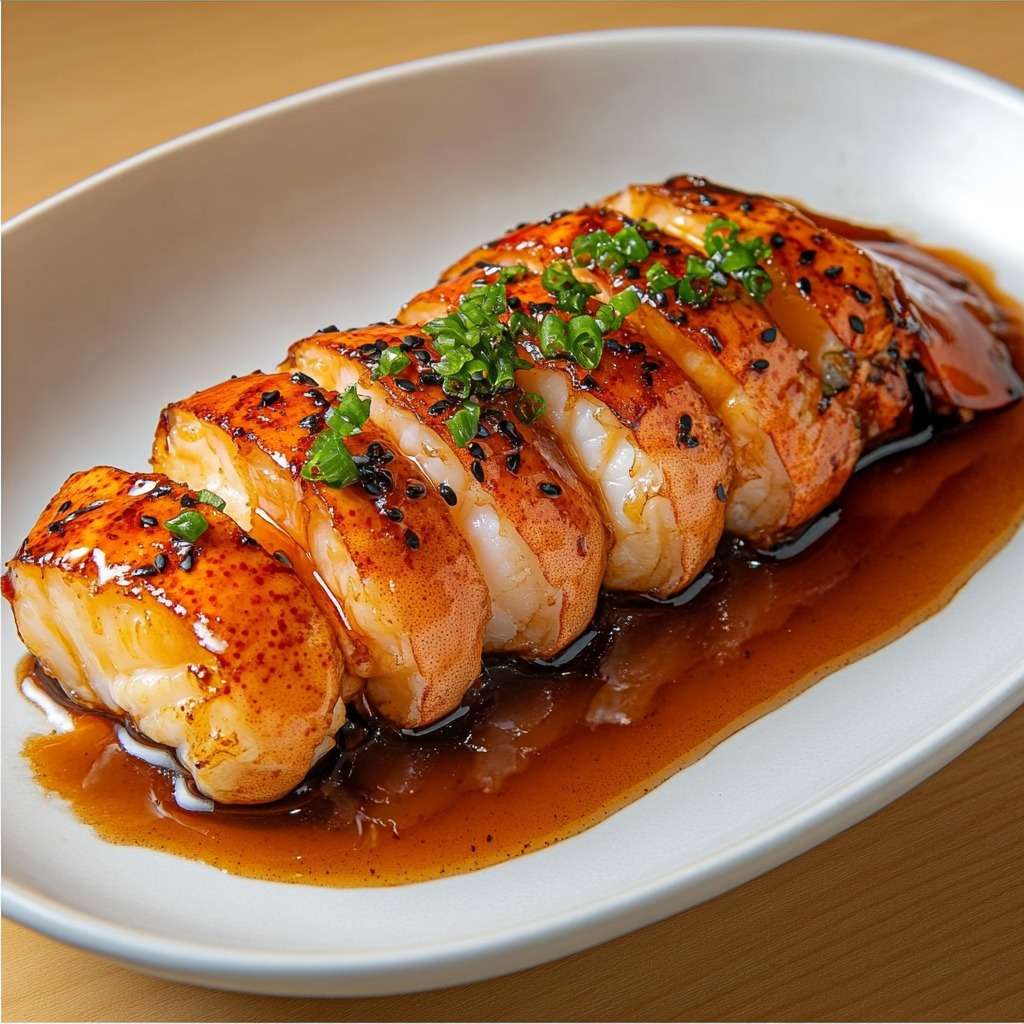 Queues de langouste laquées au miso et miel, nappées d’un glaçage brillant et garnies de sésame noir et ciboule fraîche, servies dans une assiette élégante