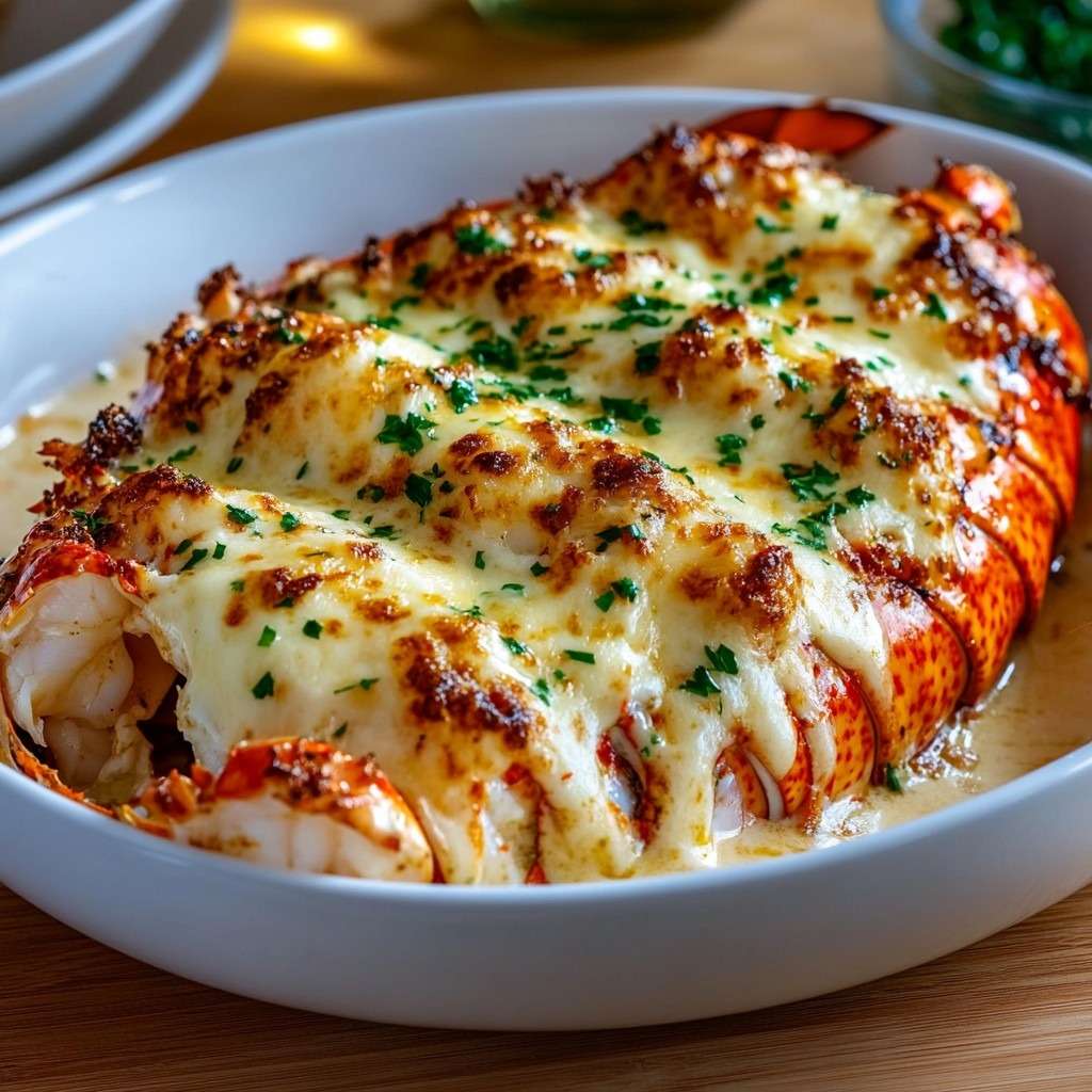 Langouste garnies d’une crème moutardée onctueuse et gratinées au comté, dorées au four et servies avec persil frais ciselé