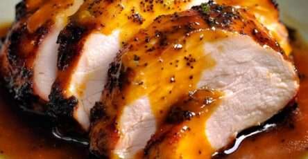 Épaule de dinde confite aux graines de nigelle, nappée de jus caramélisé avec oignons fondants, servie dans une cocotte en fonte