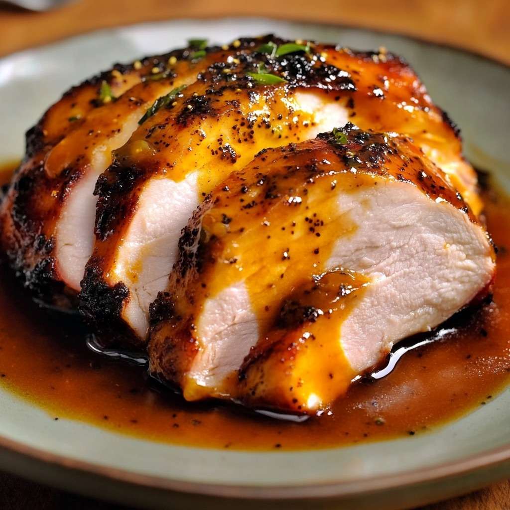 Épaule de dinde confite aux graines de nigelle, nappée de jus caramélisé avec oignons fondants, servie dans une cocotte en fonte