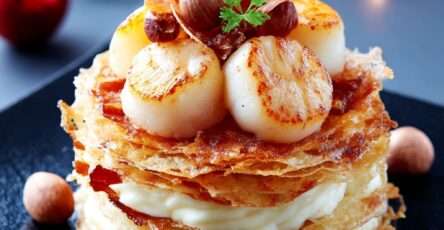 Millefeuille salé composé de feuilletage doré, crème de panais onctueuse et noix de Saint-Jacques dorées, décoré de noisettes et chips de chorizo