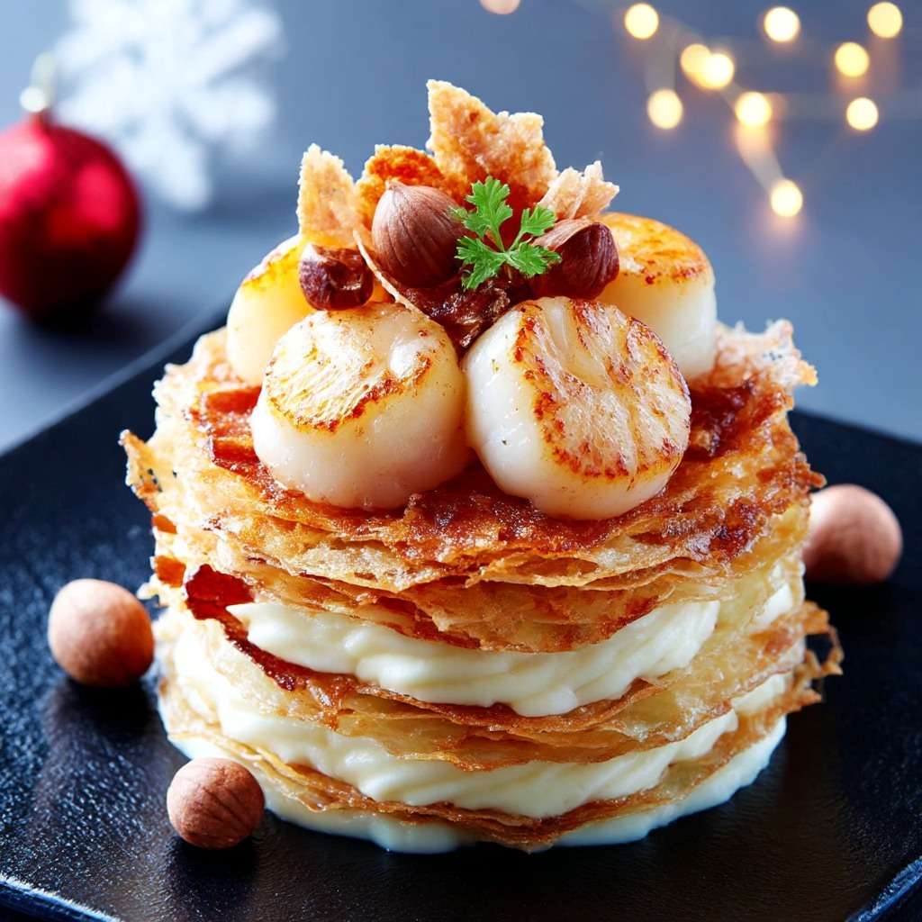 Millefeuille salé composé de feuilletage doré, crème de panais onctueuse et noix de Saint-Jacques dorées, décoré de noisettes et chips de chorizo