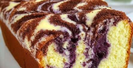 Gâteau castella marbré vanille et myrtille, moelleux et aérien, avec un dessus doré et un marbrage violet délicat