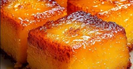 Carrés renversés à l’ananas caramélisé découpé en carrés brillants, avec des tranches d’ananas dorées sur le dessus et un intérieur moelleux