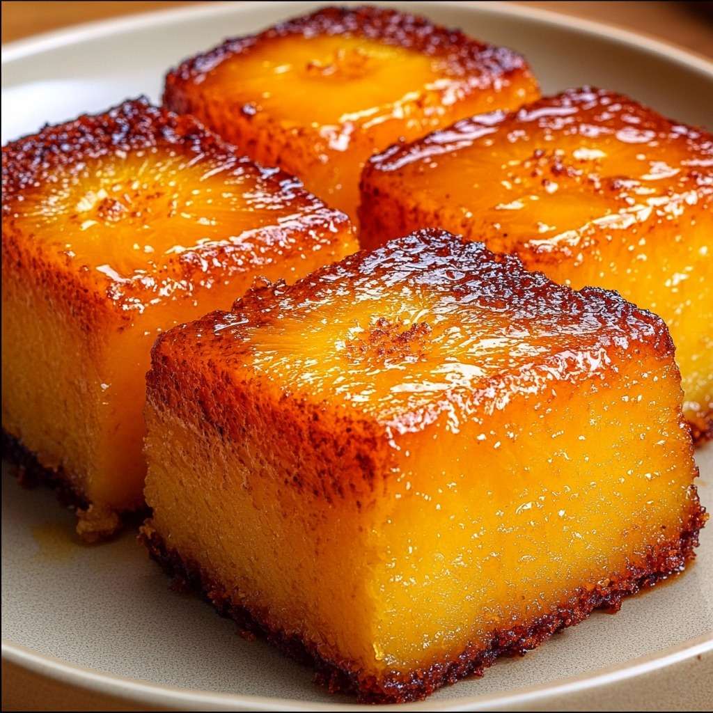 Carrés renversés à l’ananas caramélisé découpé en carrés brillants, avec des tranches d’ananas dorées sur le dessus et un intérieur moelleux