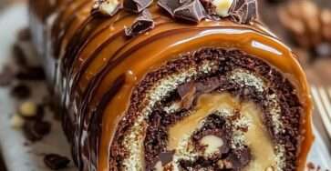 Gâteau roulé au chocolat garni de caramel et noix de pécan avec glaçage chocolat brillant sur le dessus.