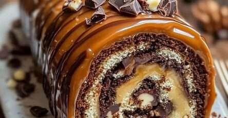 Gâteau roulé au chocolat garni de caramel et noix de pécan avec glaçage chocolat brillant sur le dessus.