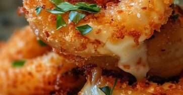 Rondelles d’oignon farcies à la mozzarella, panées et dorées, servies chaudes avec une sauce marinara.