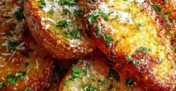 Pommes de terre croustillantes au four recouvertes de parmesan et d’ail, dorées et servies avec persil frais.