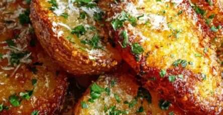 Pommes de terre croustillantes au four recouvertes de parmesan et d’ail, dorées et servies avec persil frais.