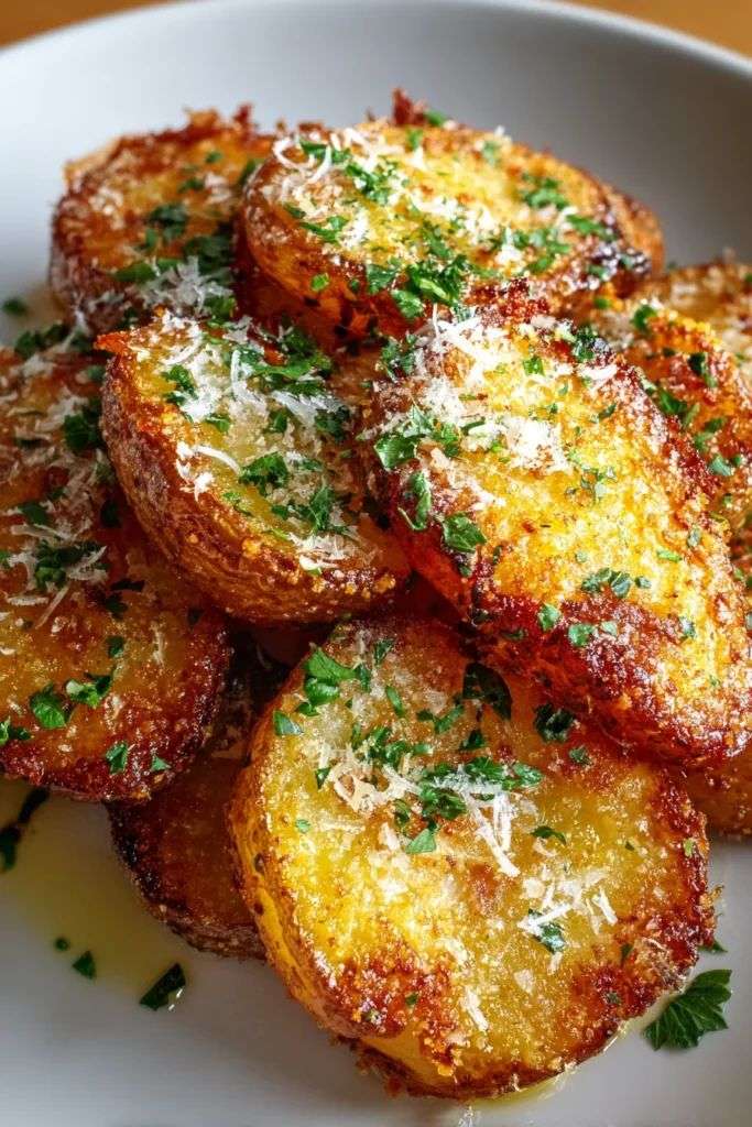 Pommes de terre croustillantes au four recouvertes de parmesan et d’ail, dorées et servies avec persil frais.