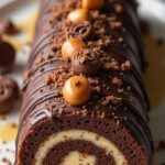 Gâteau roulé au chocolat garni de crème au beurre de cacahuète, recouvert d’un glaçage chocolat et parsemé de cacahuètes hachées.