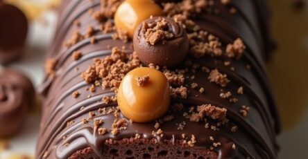 Gâteau roulé au chocolat garni de crème au beurre de cacahuète, recouvert d’un glaçage chocolat et parsemé de cacahuètes hachées.