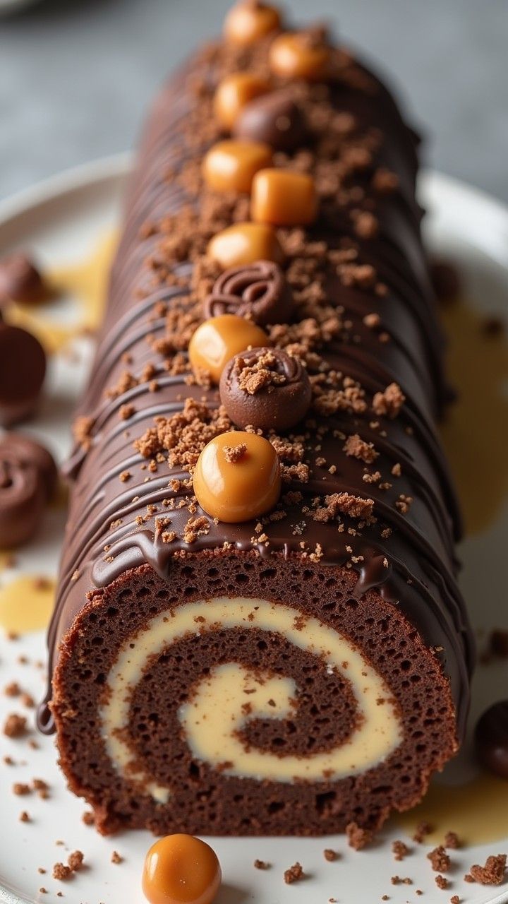 Gâteau roulé au chocolat garni de crème au beurre de cacahuète, recouvert d’un glaçage chocolat et parsemé de cacahuètes hachées.