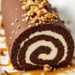 Gâteau roulé au chocolat garni de crème onctueuse, nappé de sauce caramel et décoré de cacahuètes concassées.