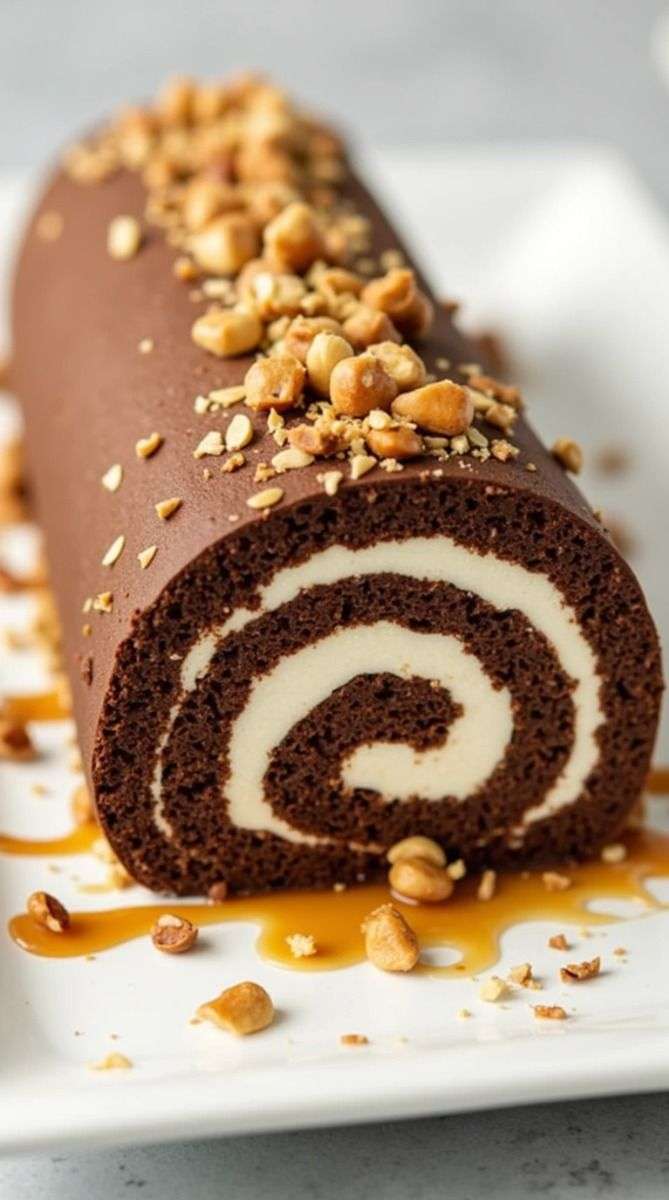 Gâteau roulé au chocolat garni de crème onctueuse, nappé de sauce caramel et décoré de cacahuètes concassées.