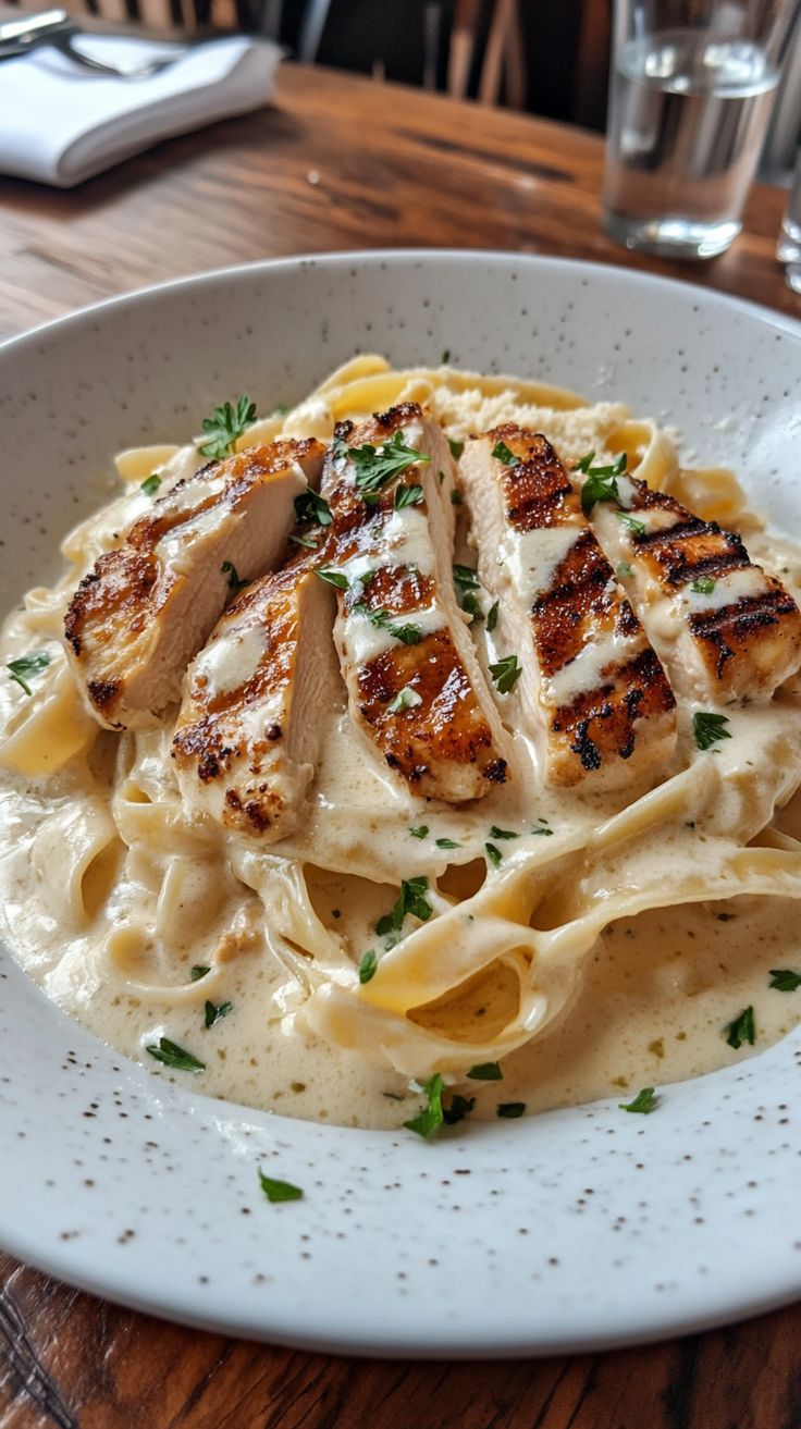 Assiette de fettuccine Alfredo nappées de sauce crémeuse au parmesan avec poulet grillé en tranches et persil frais