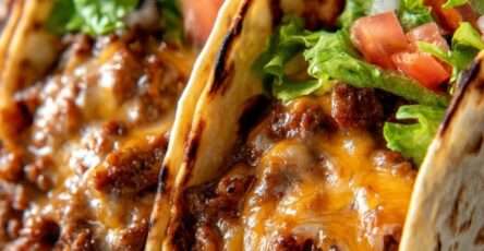 Tacos au bœuf haché assaisonné, fromage fondu, laitue croquante et tomates fraîches.