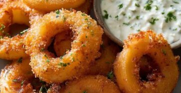 Rondelles d’oignons dorées et croustillantes servies chaudes avec une sauce crémeuse aux herbes dans un petit bol