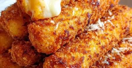 Bâtonnets de mozzarella panés et dorés, croustillants à l’extérieur et au fromage filant à l’intérieur, servis avec une sauce marinara.