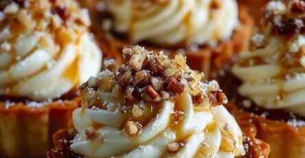 Mini tartelettes au fromage à la crème avec pacanes croquantes et filet de sirop d’érable.