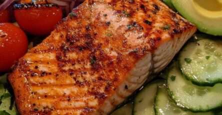 Salade de saumon grillé doré, tranches d’avocat mûr, concombre croquant, tomates cerises et vinaigrette citronnée dans une assiette blanche.
