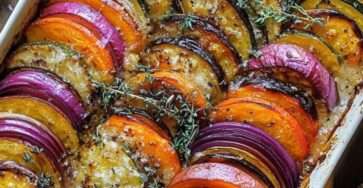 Tian de légumes d’automne au potimarron, patates douces et carottes, disposés en rosace et gratinés au four avec herbes de Provence