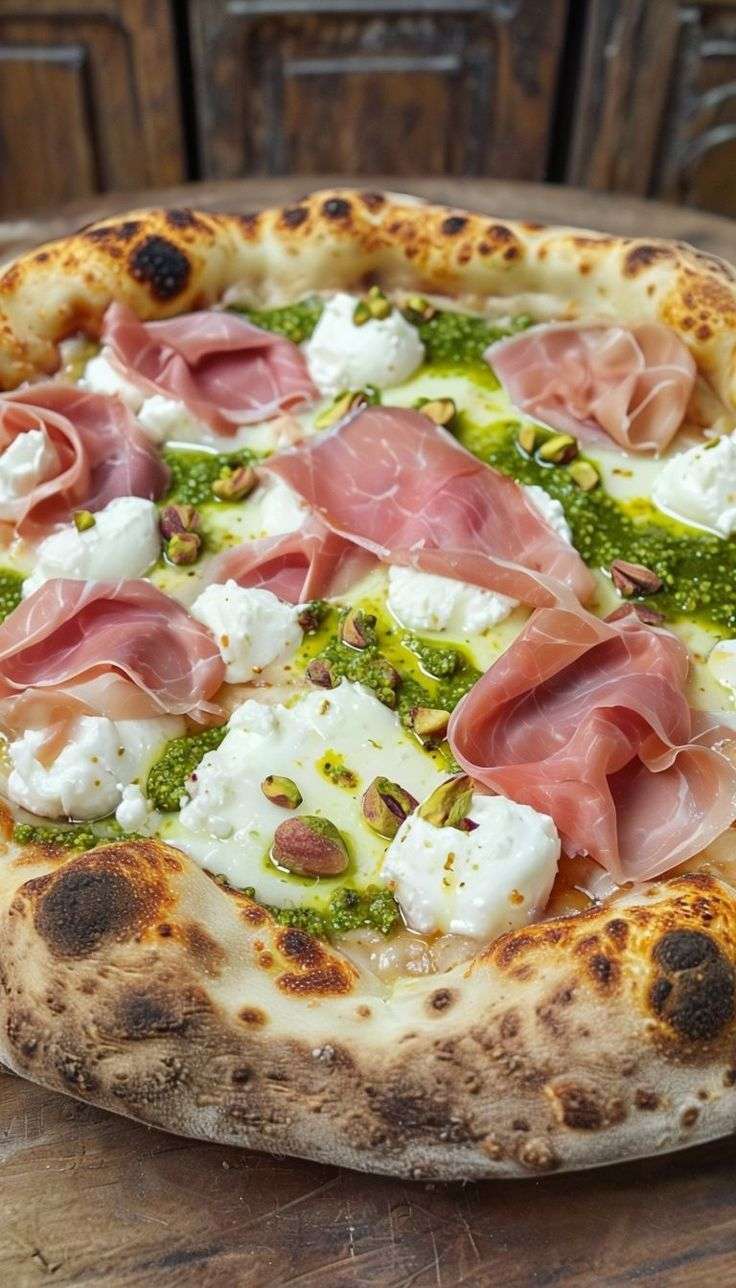 Pizza dorée au four garnie de pesto vert, burrata fondante, tranches fines de prosciutto et pistaches concassées, arrosée d’huile d’olive et décorée de basilic frais.