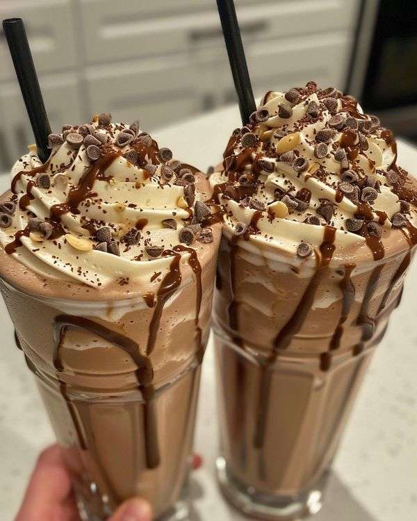 Grand verre de milkshake au chocolat crémeux décoré de sirop de chocolat, garni de crème fouettée, pépites de chocolat et éclats de noix