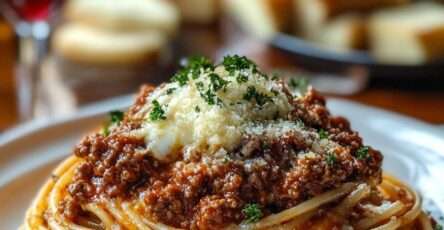 Spaghetti bolognaise maison avec sauce tomate mijotée au bœuf, légumes fondants, parmesan râpé et persil frais, servis dans une assiette creuse.