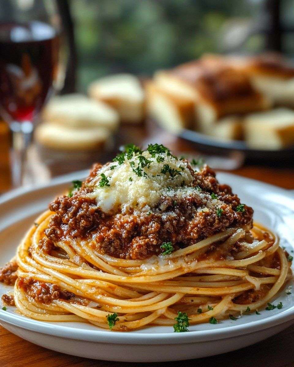 Spaghetti bolognaise maison avec sauce tomate mijotée au bœuf, légumes fondants, parmesan râpé et persil frais, servis dans une assiette creuse.
