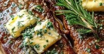 Steak poêlé de bœuf doré avec beurre fondu à l’ail, romarin et thym, servi en tranches juteuses sur une planche en bois.