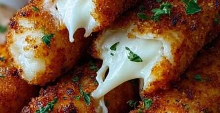 Bâtonnets de mozzarella frits dorés et croustillants, fromage filant à l’intérieur, servis chauds avec sauce marinara sur planche en bois.