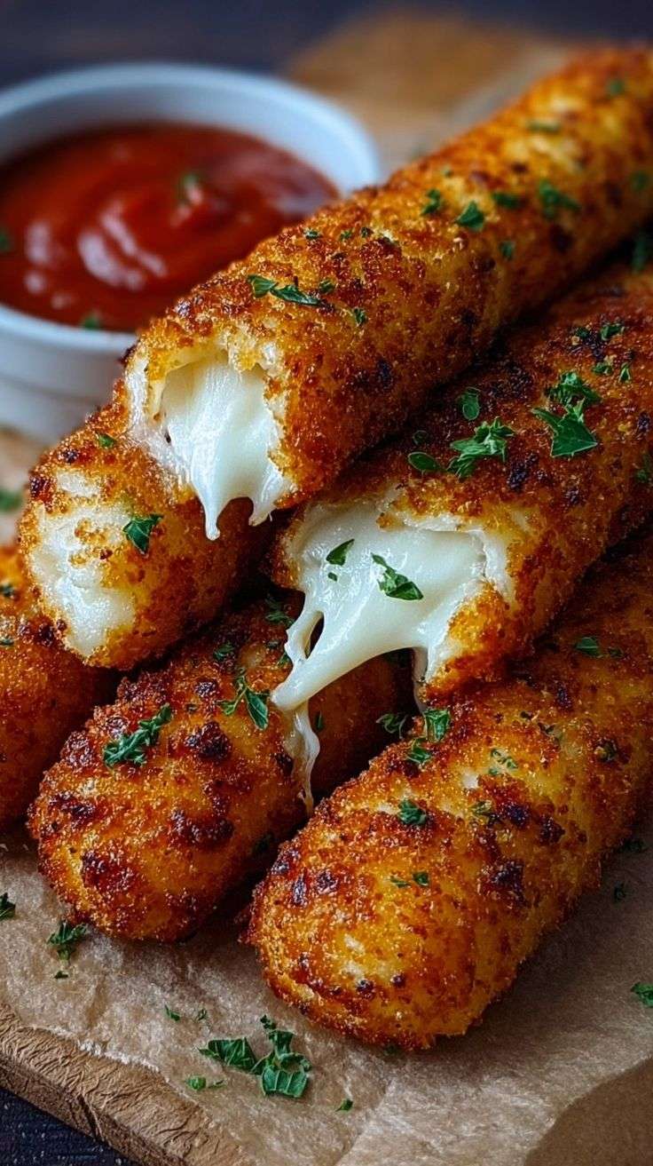 Bâtonnets de mozzarella frits dorés et croustillants, fromage filant à l’intérieur, servis chauds avec sauce marinara sur planche en bois.
