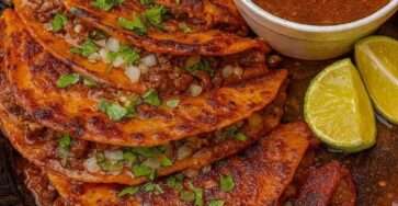 Tacos de birria croustillants garnis de bœuf effiloché et fromage fondu, servis avec un bol de consommé épicé et garnitures fraîches.