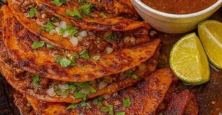 Tacos de birria croustillants garnis de bœuf effiloché et fromage fondu, servis avec un bol de consommé épicé et garnitures fraîches.