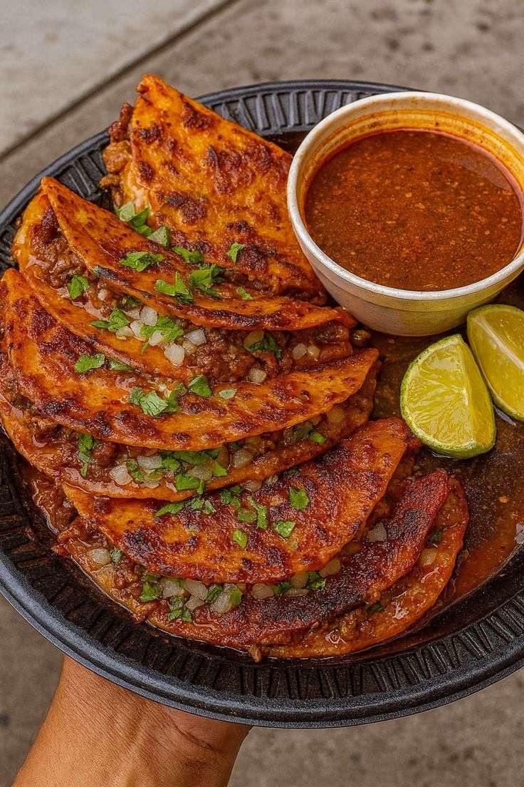 Tacos de birria croustillants garnis de bœuf effiloché et fromage fondu, servis avec un bol de consommé épicé et garnitures fraîches.