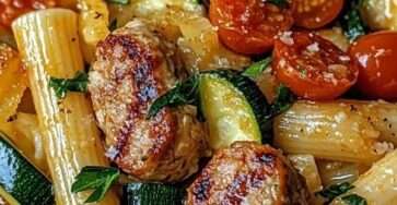 Assiette de pâtes aux saucisses de poulet avec courgettes et tomates cerises, garnie de parmesan et d’herbes fraîches