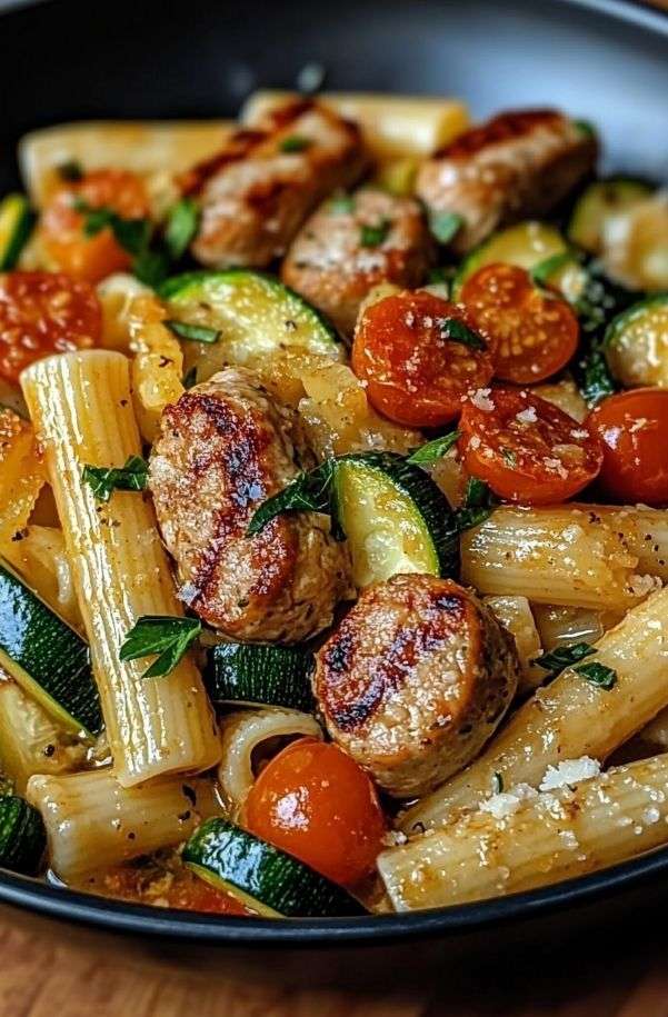 Assiette de pâtes aux saucisses de poulet avec courgettes et tomates cerises, garnie de parmesan et d’herbes fraîches