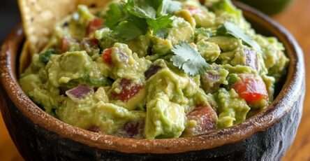 Bol de guacamole maison crémeux préparé avec avocats mûrs, oignon, citron vert et coriandre, servi avec des tortillas croustillantes