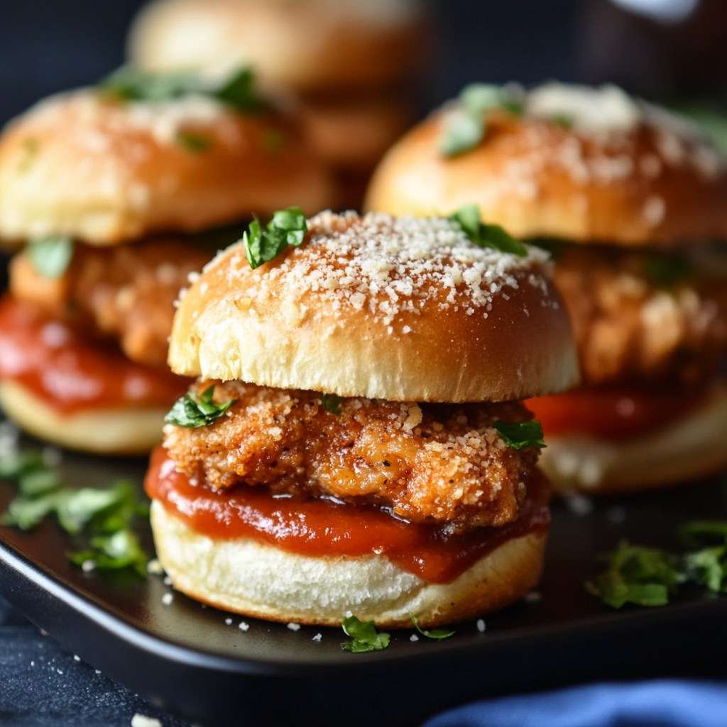 Mini-sandwichs garnis de poulet croustillant pané au parmesan, salade verte et sauce, servis dans de petits pains moelleux