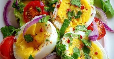 Tartine de pain grillé garnie d’avocat frais, d’œufs mollets, tomates cerises, oignon rouge et coriandre, arrosée d’huile d’olive.