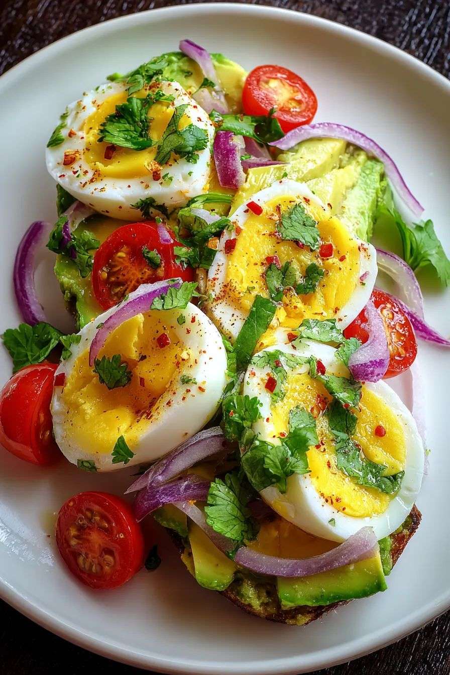 Tartine de pain grillé garnie d’avocat frais, d’œufs mollets, tomates cerises, oignon rouge et coriandre, arrosée d’huile d’olive.