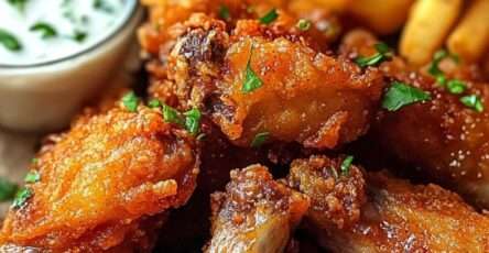 Ailes de poulet frites croustillantes dorées accompagnées de frites maison et sauce Buffalo, servies sur un plateau avec persil frais.