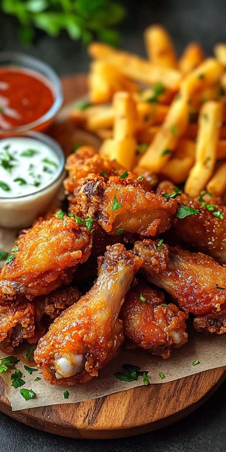 Ailes de poulet frites croustillantes dorées accompagnées de frites maison et sauce Buffalo, servies sur un plateau avec persil frais.