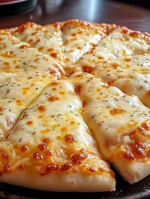 Pizza à l’ail et au fromage dorée au four avec mozzarella fondue, parmesan et herbes séchées sur pâte croustillante
