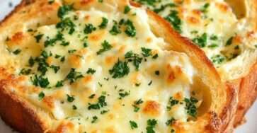 Tranches épaisses de pain à l’ail gratinées au fromage, dorées et croustillantes, garnies de persil frais, servies chaudes sur plaque de cuisson.