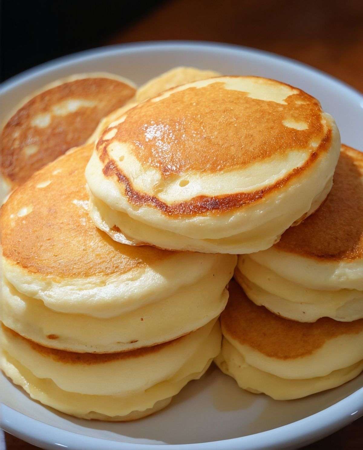 Pile de pancakes maison épais et moelleux servis chauds avec sirop d’érable et beurre sur une assiette